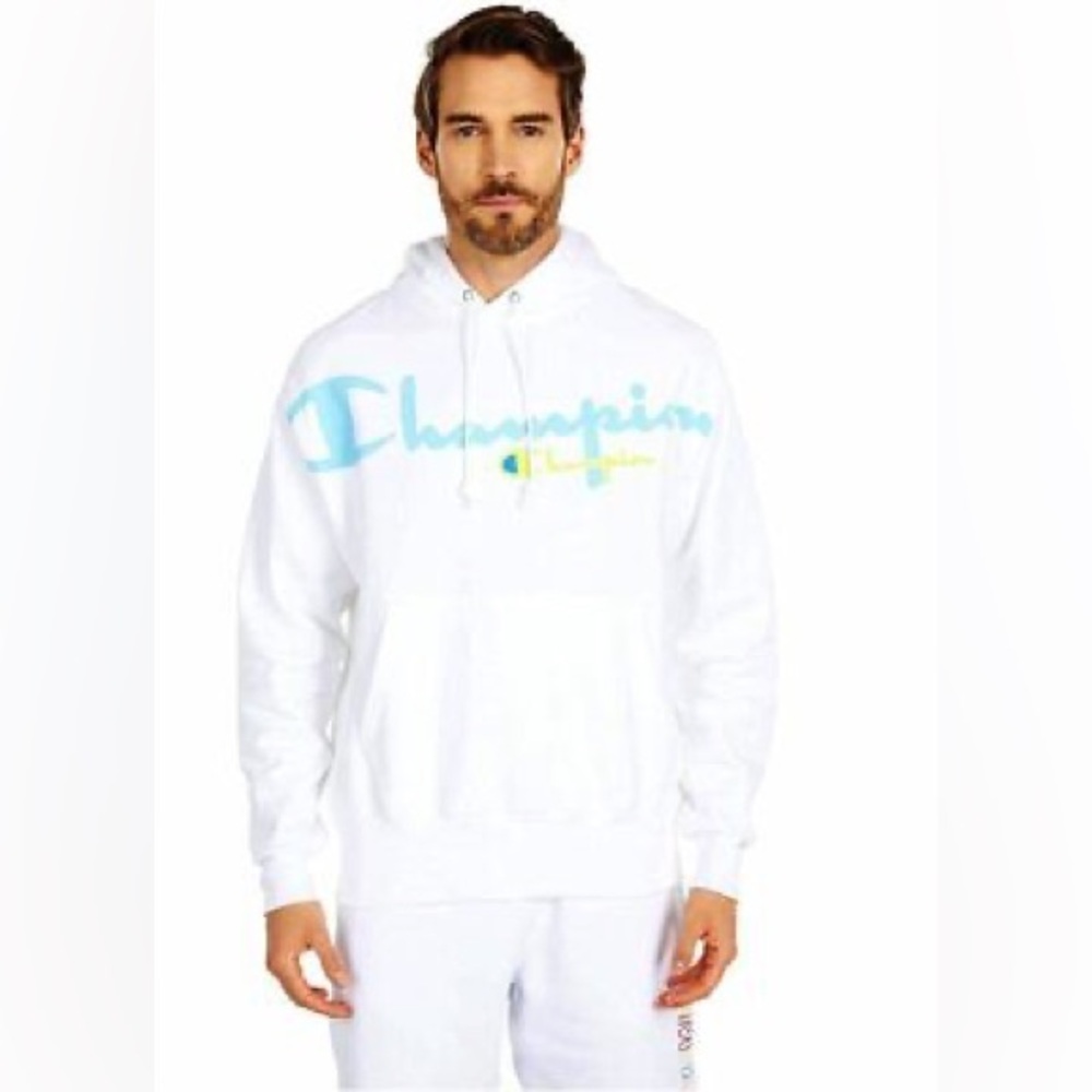 champion white reverse weave pop color script logo hoodie!